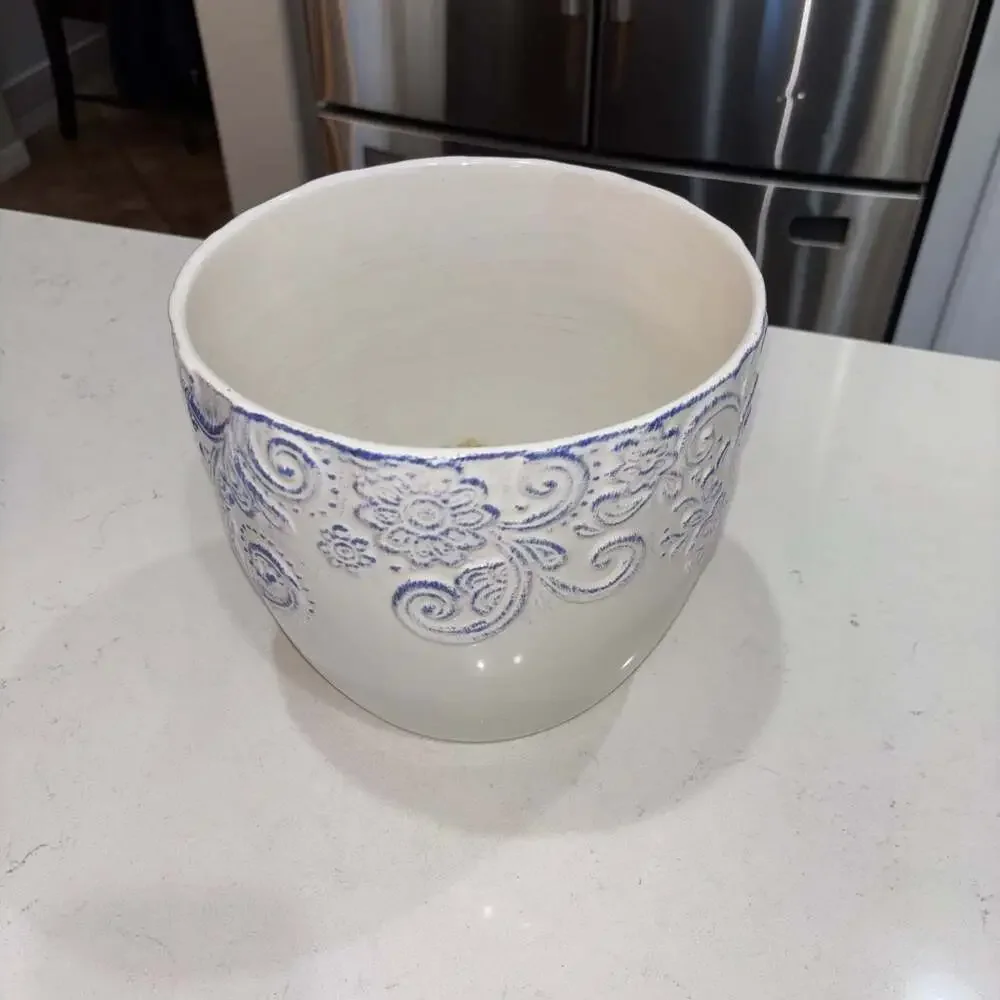 Nocal LDA Ceramic Planter Pot White and Blue Floral Embossed Scroll Portugal
